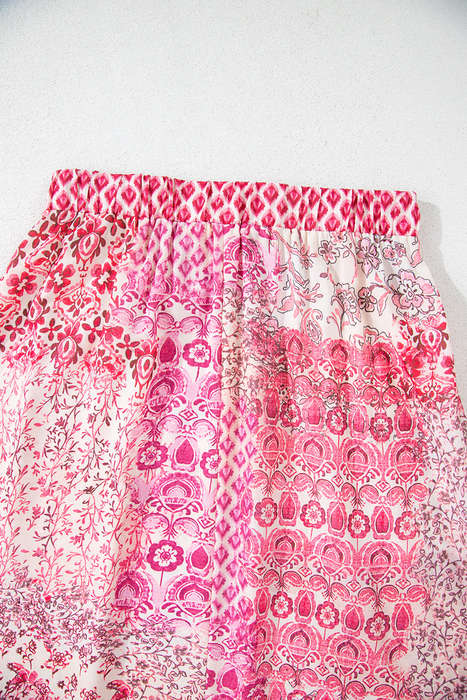 Red Boho Pattern Print Tassel Drawstring Elastic Waistband Maxi Skirt
