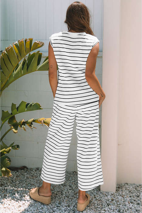 Black Stripe Casual Wide Leg 2pcs Pants Set