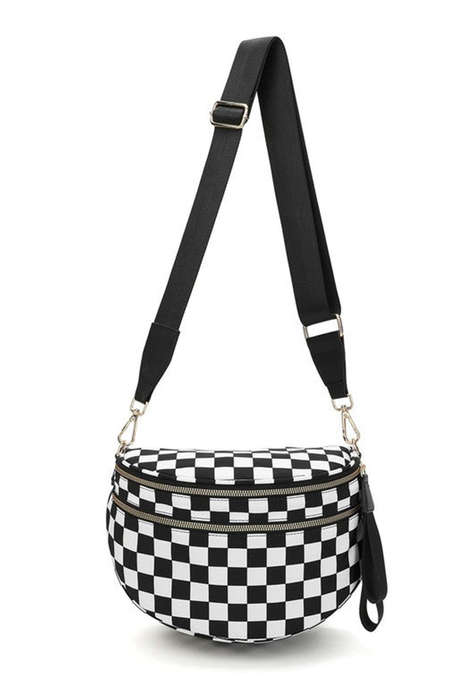 Color black Checkered Print Wide Strap Large Crossbody Bag