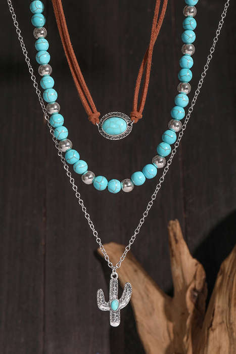 Turquoise Beading Cactus Charm 3pcs Layered Necklace