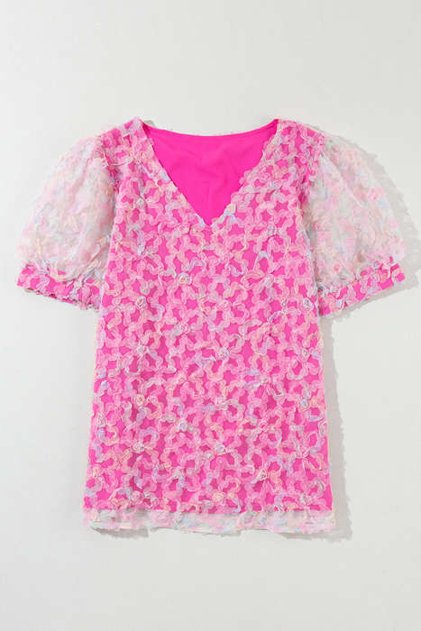 Bonbon Flowery Mesh Short Puff Sleeve Blouse