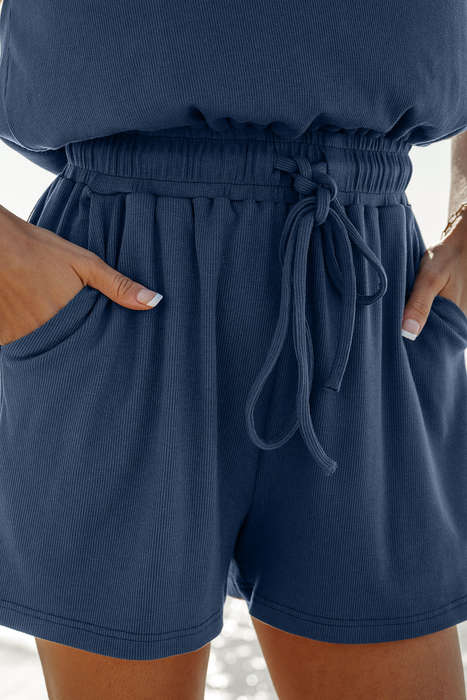 Ashleigh Blue Knit Open Back Cap Sleeve Drawstring Elastic Waistband Romper