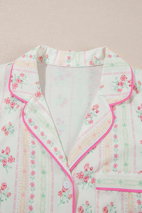 Beige Floral Print Contrast Pipping Short Pajamas Set