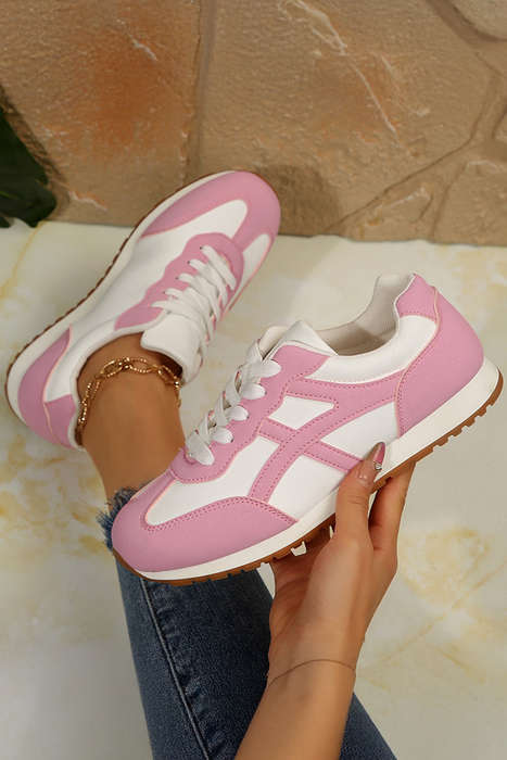 Pink Color Block Lace-up PU Leather Sneakers