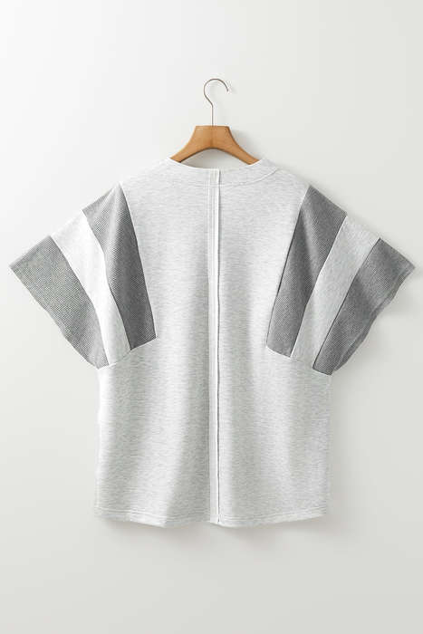 Light Grey Two Tone Contrast Waffle Knit Patched Buttoned V Neck Top