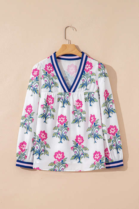 White Floral Print Striped V Neck Blouse