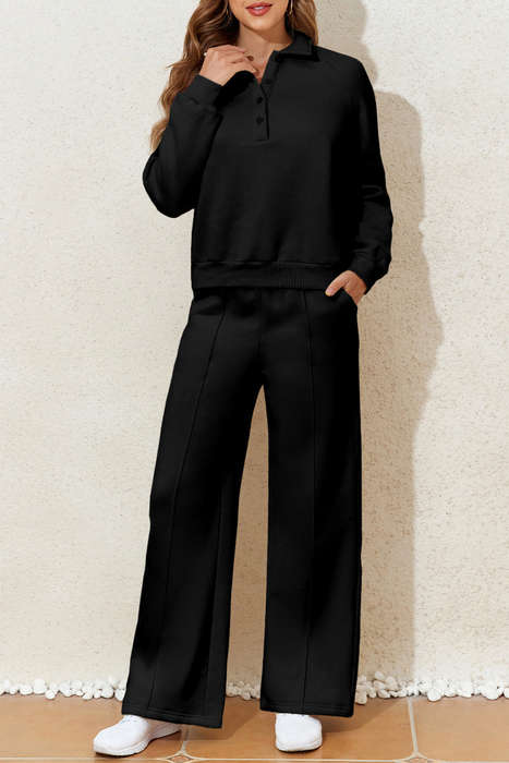 Black Solid Collared Sweatshirt and High Waist Pants Active Set