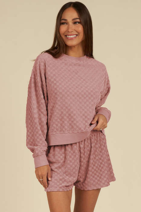 Blossom Checkered Textured Long Sleeve Top and Shorts Set