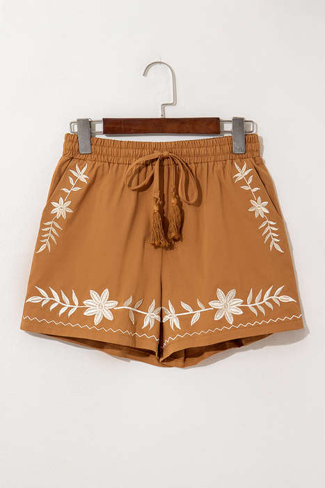 Khaki Embroidered Boho Tasseled Drawstring Elastic Waist Casual shorts