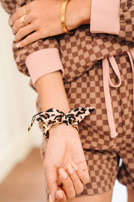 Camel Leopard Ribbon Twine Around Gold Plated Heart Bracelet