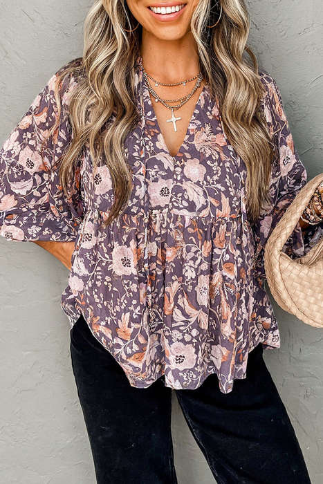 Blue Boho Flower Print 3/4 Sleeve Babydoll Blouse
