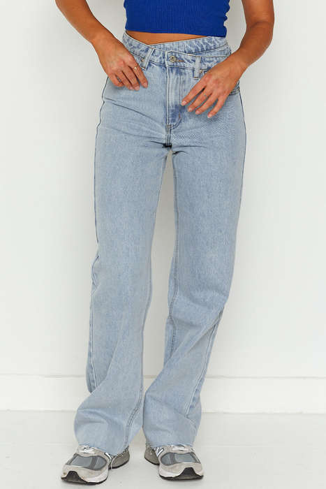 Sky Blue Mid Rise Asymmetrical Waist Wide Leg Jeans