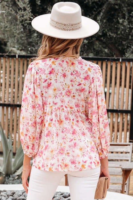 Pink Floral Print Tassel Tie Smocked V Neck Puff Sleeve Tunic Blouse