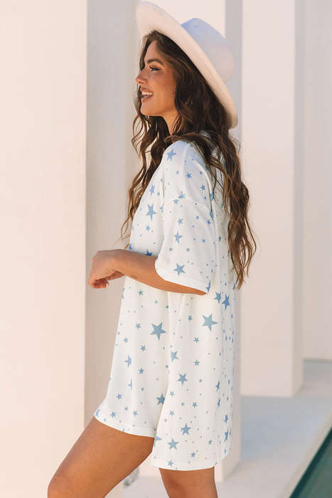 Sky Blue Stars Print Drop Shoulder Oversized T Shirt with Slits