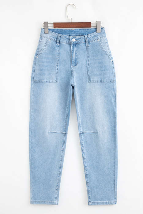 Beau Blue High Rise Barrel Relaxed Patch Pocket Jeans
