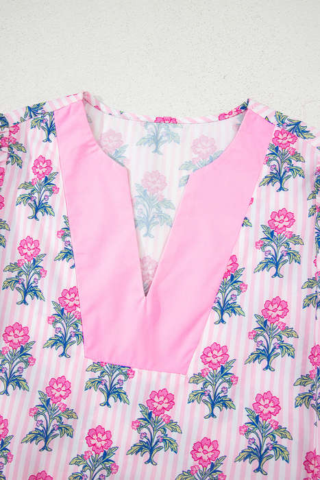 Rose Floral Striped Print Contrast Patchwork Ruffle Hem Blouse