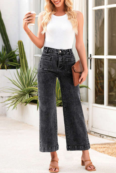Black Chic Patch Pocket Straight Leg Loose Jeans