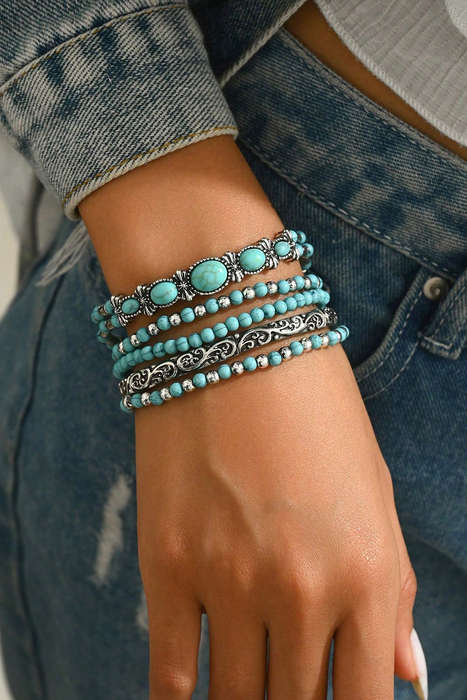 Silvery Western Turquoise Beading 5pcs Layered Bracelet