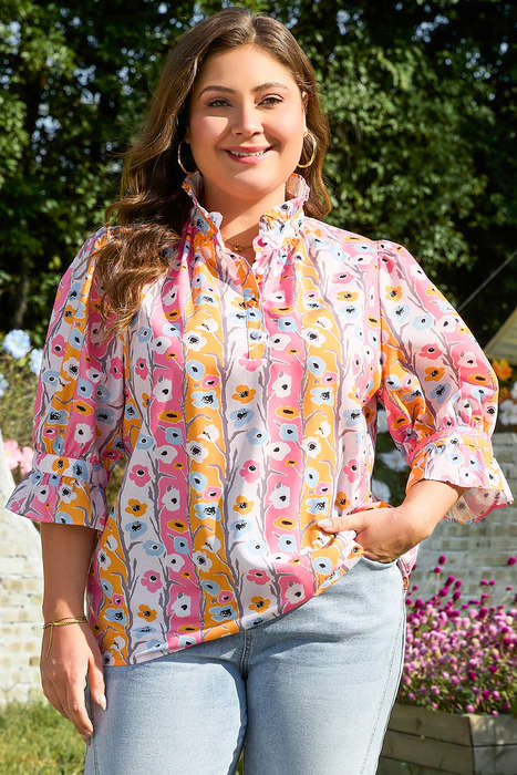 Pink Floral Ruffled Collar Bracelet Sleeve Plus Size Blouse Top