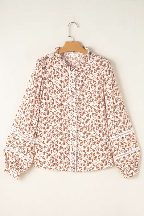 Yellow Printed Lace Detail Floral Puff Sleeve Fall Shirt