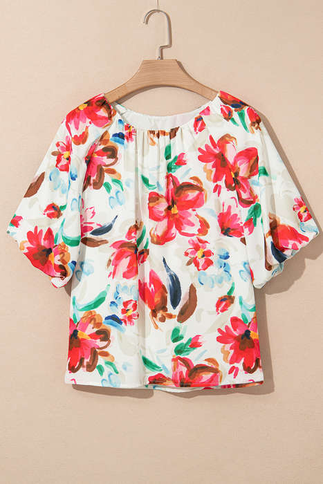White Floral Print Puffy Half Sleeve Blouse