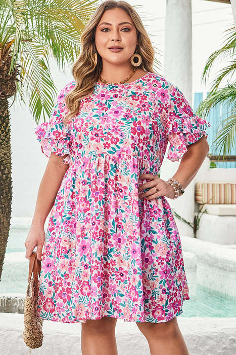 White Plus Size Floral Print Frilled Short Sleeve Flare Dress
