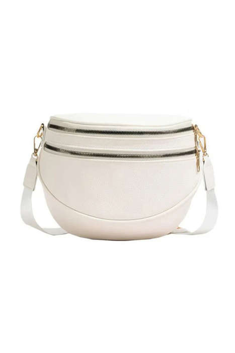 White Double Zip Faux Leather Crossbody Bag