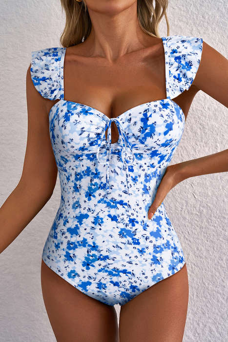 Blue Floral Ruffled Strap Lace-up Hollow Out One Piece Swimsuit
