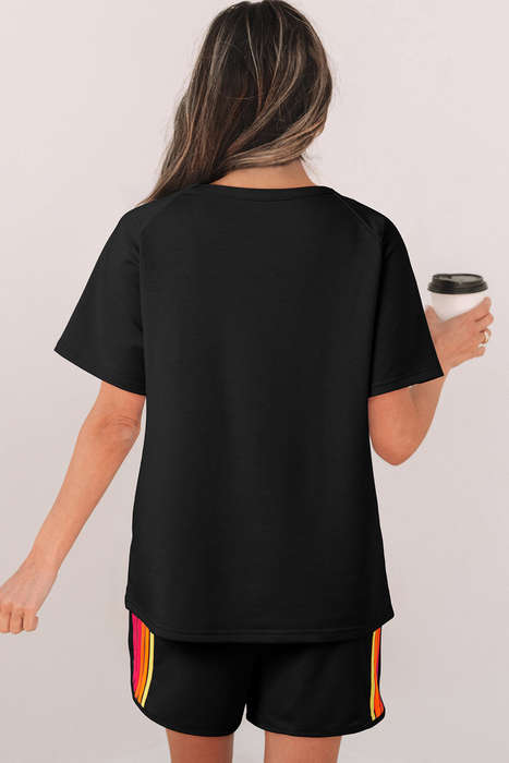 Black Striped Patch Front Casual Tee