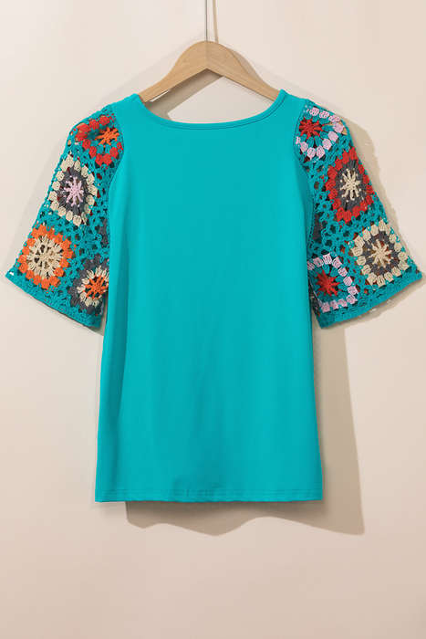 Turquoise Floral Crochet Short Sleeve Top