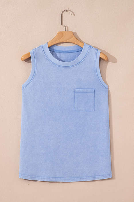 Beau Blue Mineral Wash Patched Chest Pocket Casual Tank Top