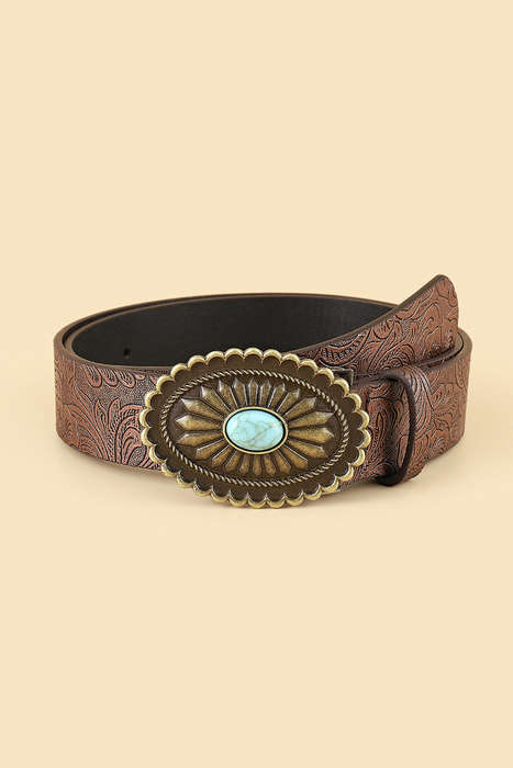 Chestnut Retro Turquoise Plate Decor Embossed Faux Leather Belt