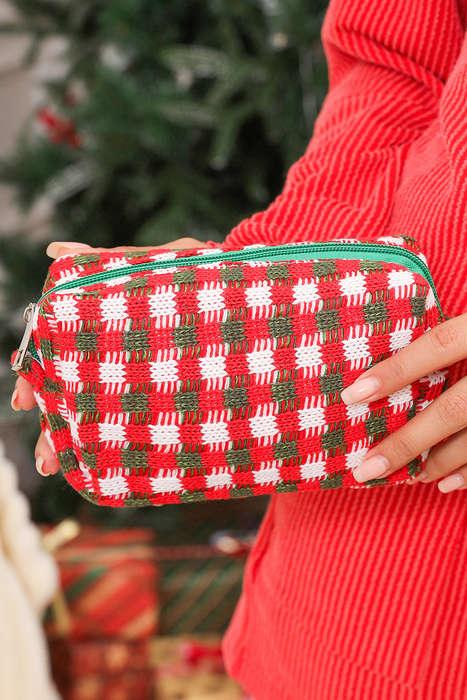 Racing Red Christmas Style Crochet Zipper Square Makeup Bag