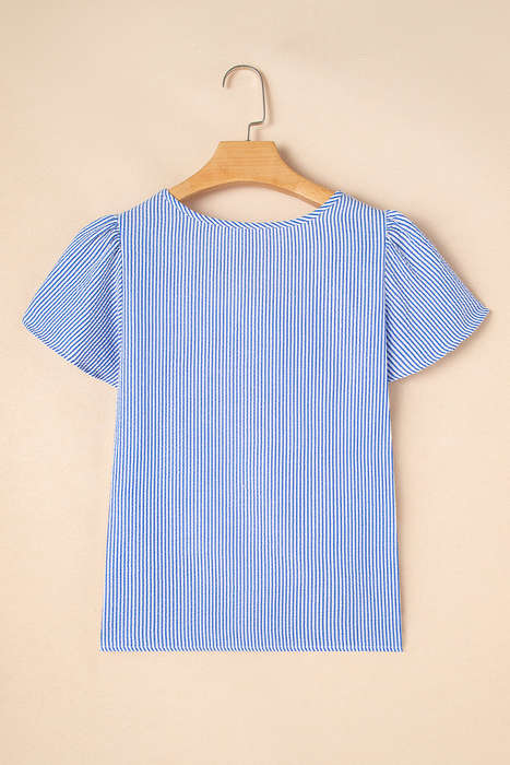 Sky Blue Stripe Textured Ruffle Short Sleeve Boho Detail Square Neck Blouse
