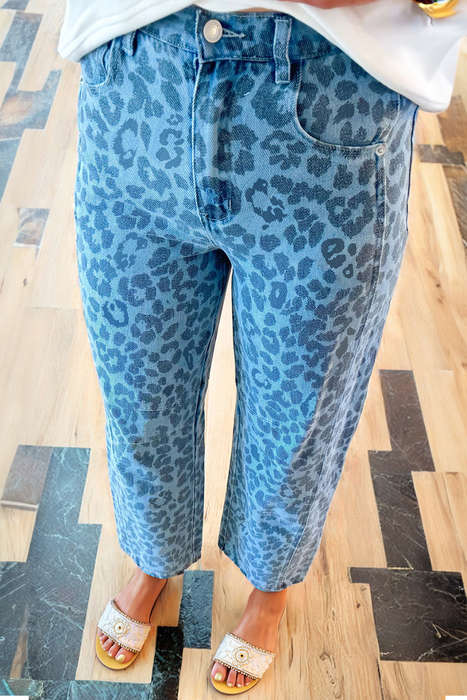 Sky Blue Leopard Print Straight Loose Jeans