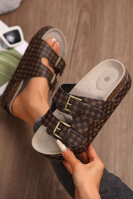 Coffee Checkered Print Dual Buckle Cut Out Platform Slippers