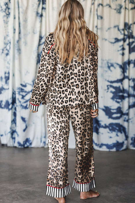 Khaki Leopard Print Colorblock Striped Edge Shirt and Pants Pajama Set