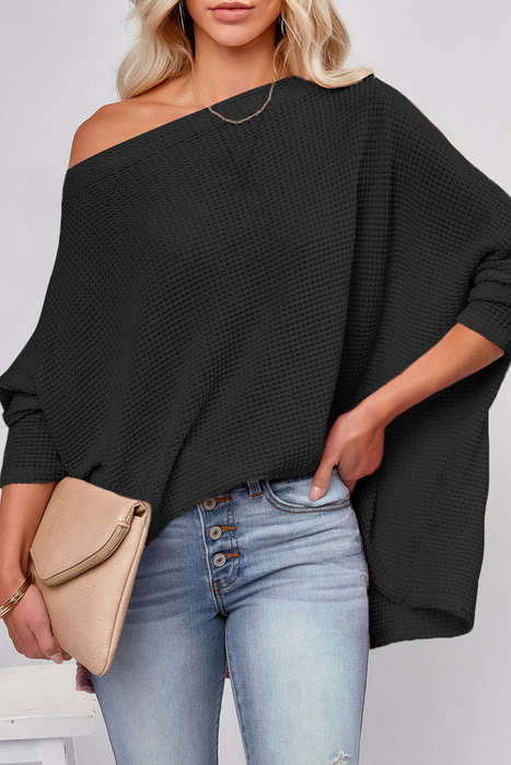 Black Waffle Knit Eyelet Long Sleeve Blouse