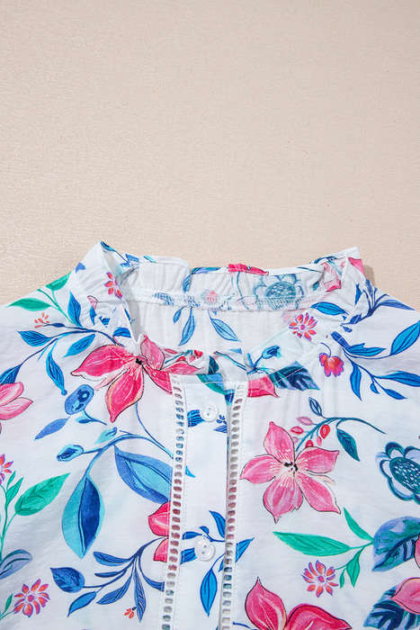 Pink Floral Print Lace Detail Button-up Long Sleeve Shirt
