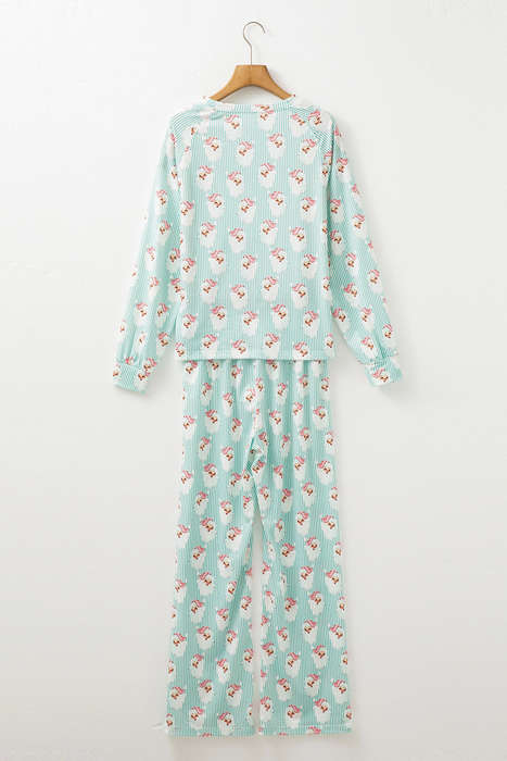 Green Santa Claus Striped Print Loose Fit Two Piece Lounge Set