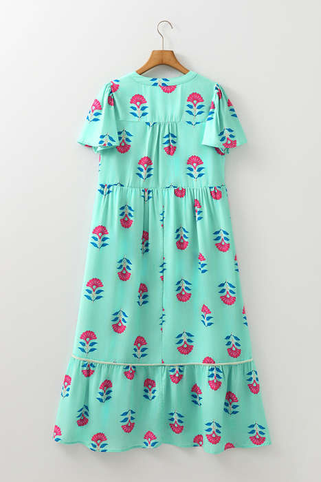 Green Floral Print Notched Neck Butterfly Sleeve Shift Long Dress