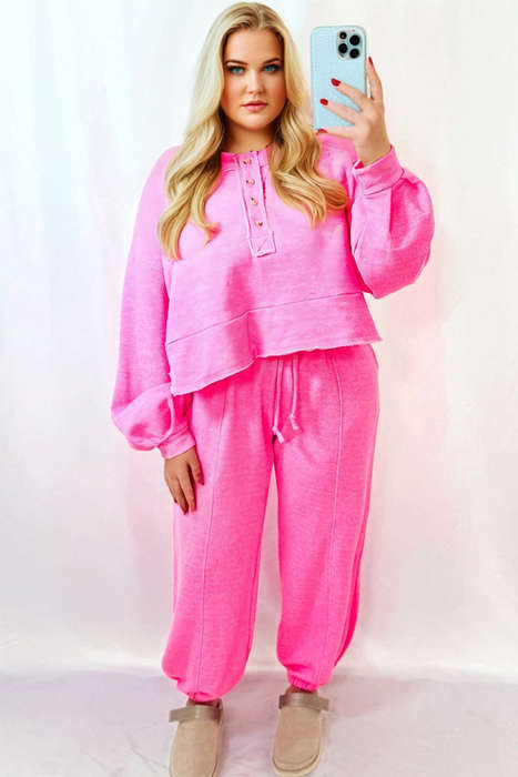 Bright Pink Plus Size Henley Drop Shoulder Pullover and Jogger Pants Two Piece Set