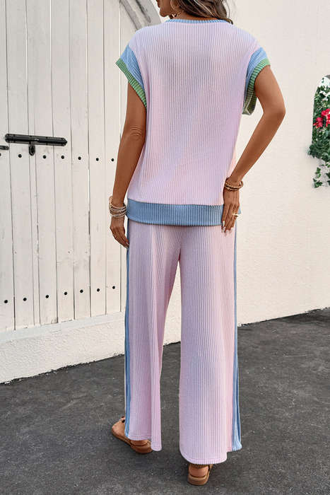 Pink Corded Colorblock Patchwork Short Sleeve Top and Loose Pants Set