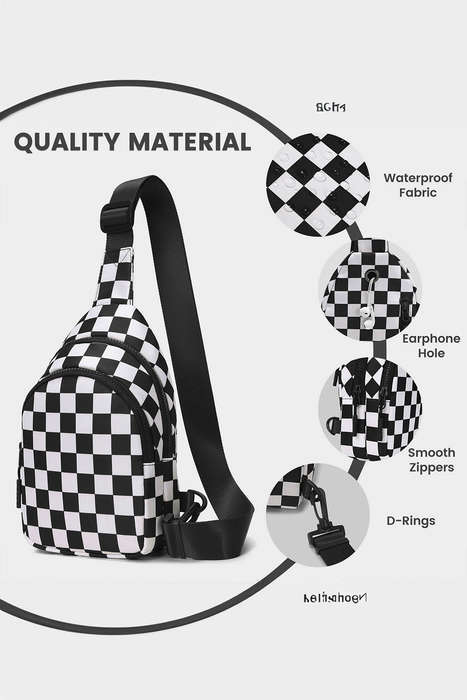 Black Checkered Print Zip Front Sling Backpack Crossbody Bag