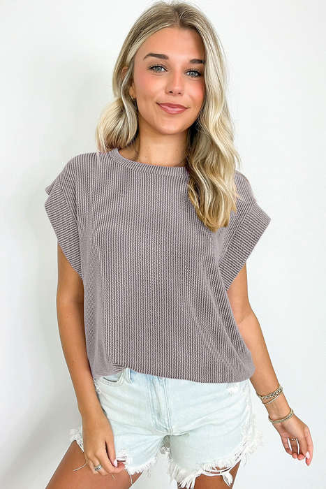 Gray Twisted Rib Wide Sleeve Crew Neck T Shirt