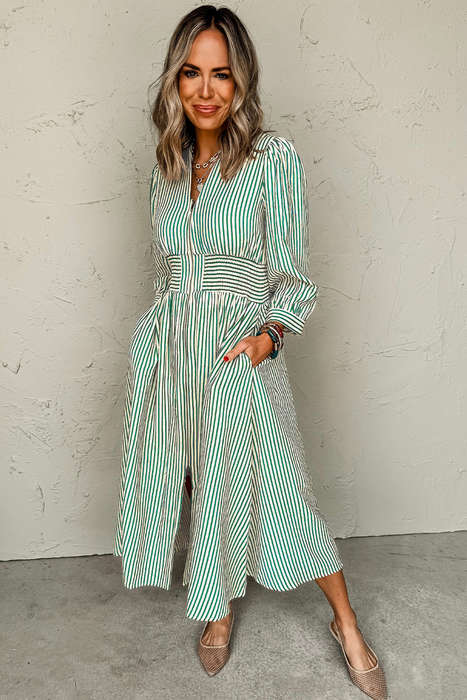 Green Stripe V Neck Zip Front Cinched High Waist Midi Dress