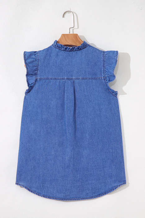 Sky Blue Mineral Wash Frilled Button Up Denim Shirt
