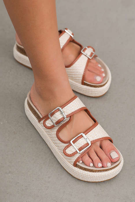 Beige Linen Dual Buckle Strap Thick Sole Outdoor Slippers