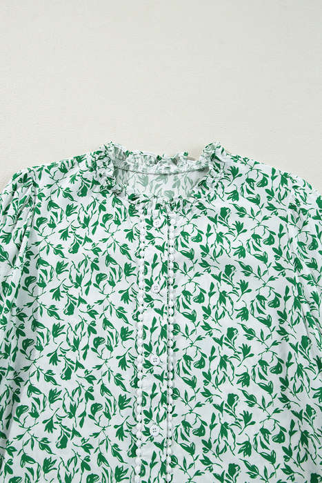 Green Printed Lace Detail Floral Puff Sleeve Fall Shirt