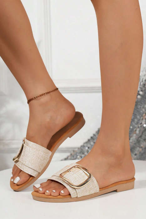 Beige Buckle Decor Linen Upper Flat Slippers